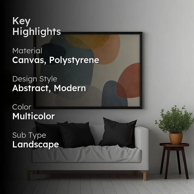 Black-framed abstract wall painting styled above a white sofa with text overlay on the image