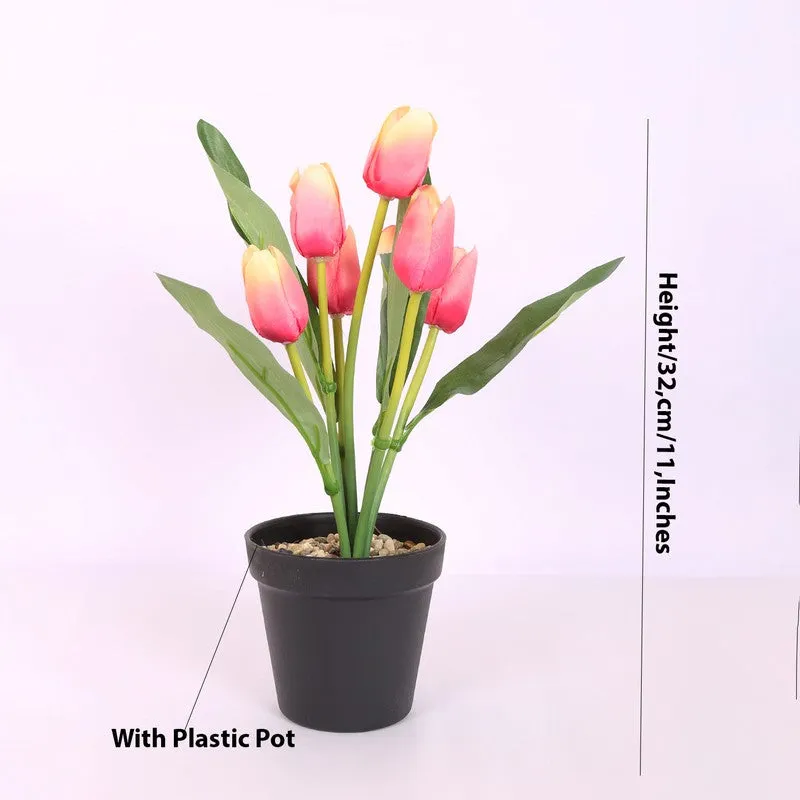 Artificial Tulip Flower Plant With Black Plastic Pot - Pink,Yellow media 5