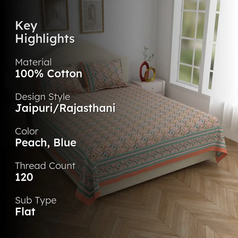 Desert Charm Cotton Bedsheet (Peach,Blue) - 120 TC media 2