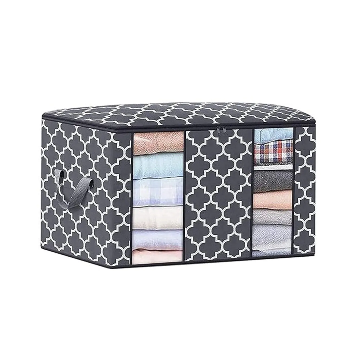 Grey rectangular fabric organiser with white geometric pattern shown against a white background