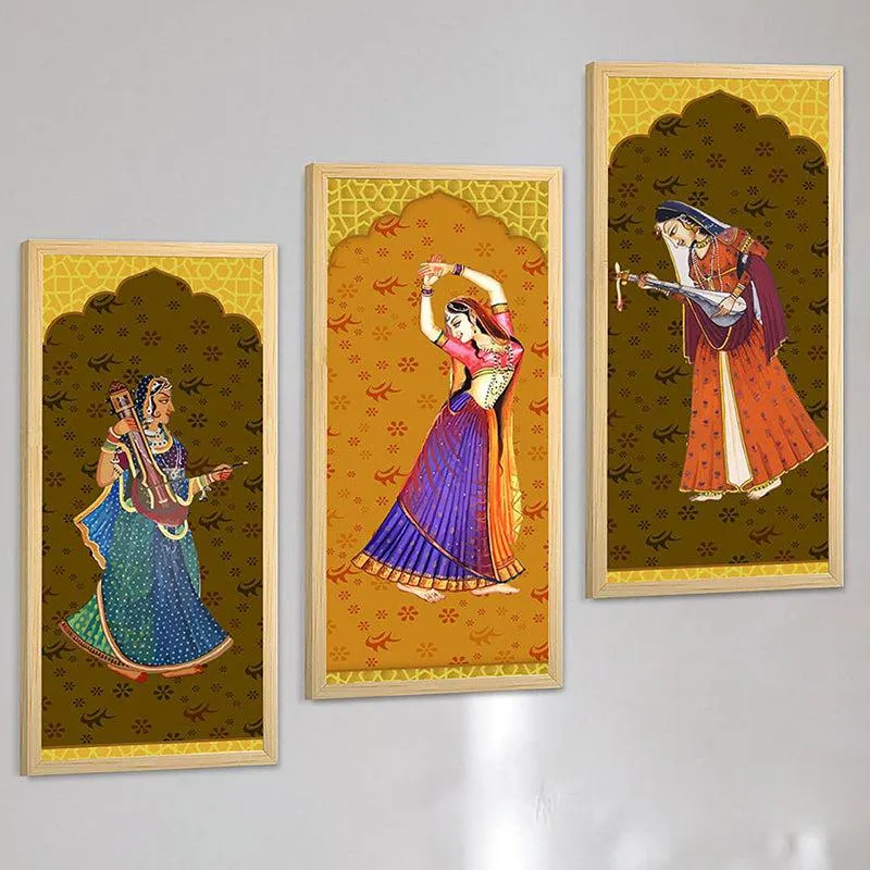 Nritha Vilasini Mughal Wall Art With Frame (Brown) - Set Of Three media 3