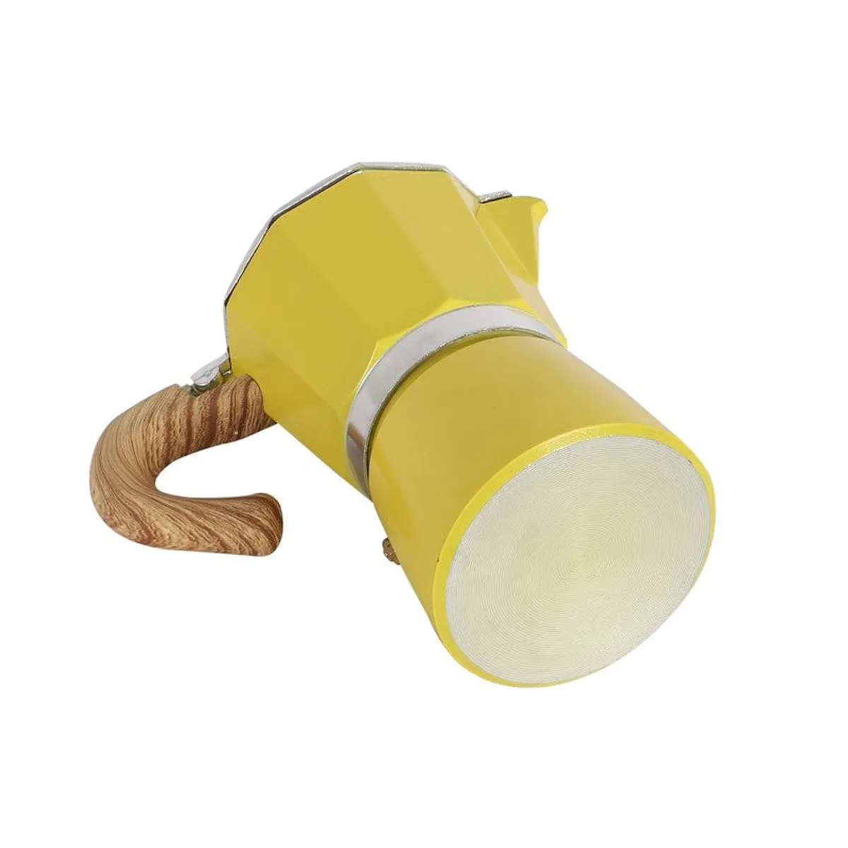 Yellow coffee maker viewed from below, showing its circular base