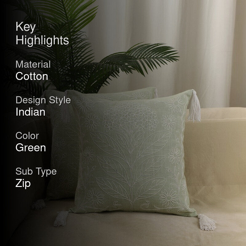 Floral Elegance Cotton Cushion Cover (Green) - Set of Two media 2