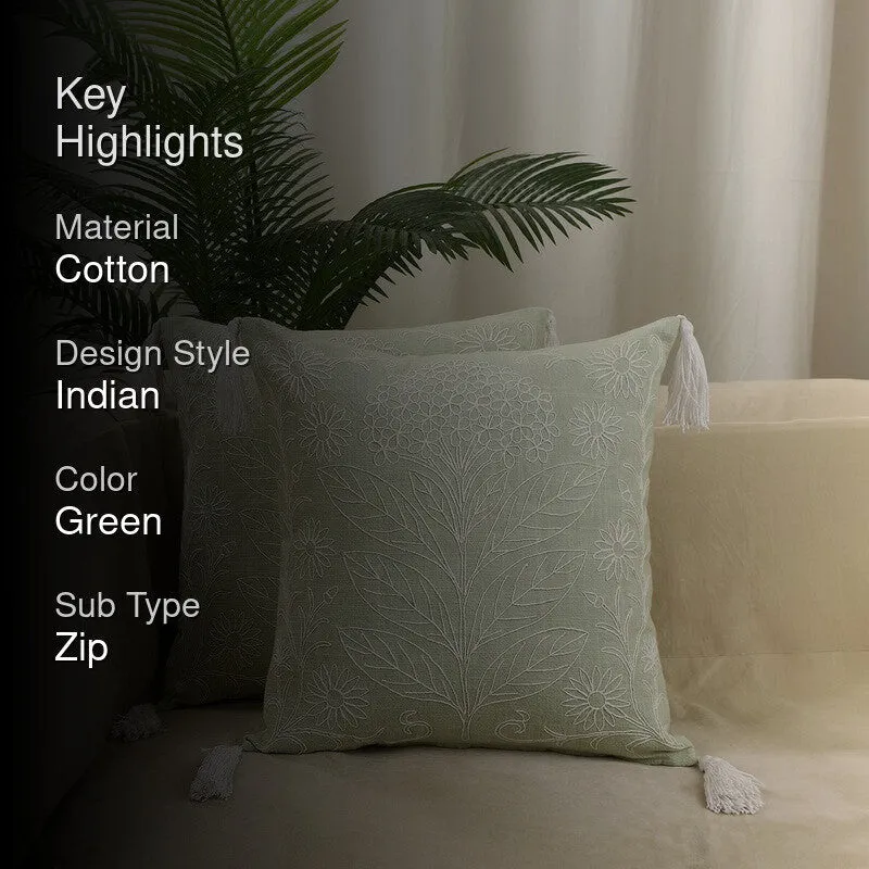 Floral Elegance Cotton Cushion Cover (Green) - Set of Two media 2