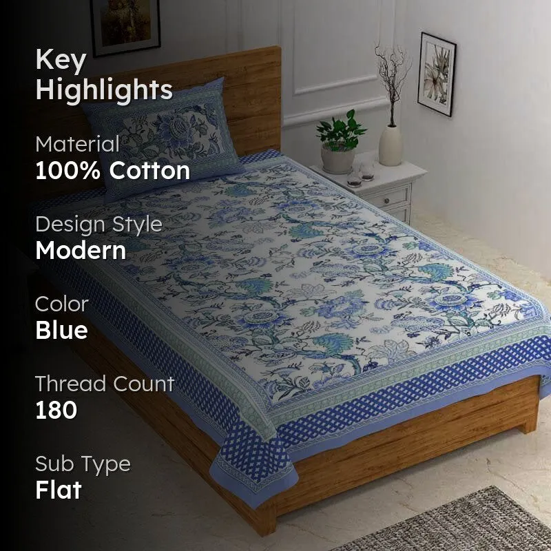 Posy Revelry Cotton Bedsheet (Blue) - 180 TC media 2