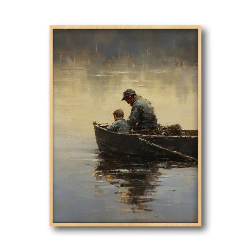 Close view of the framed canvas wall art with soft grey and brown tones