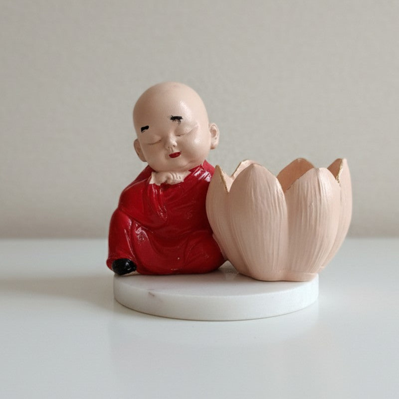 Buddha Monk Lotus Resin Tea Light Candle Holder - Red media 6