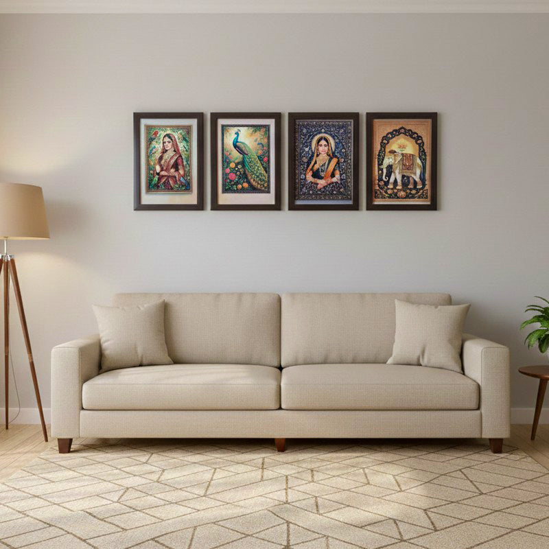 Divine Muse & Peacock Wall Painting With Frame - Set Of Four