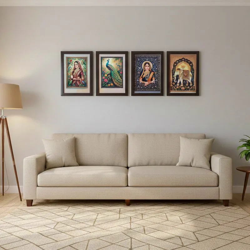 Divine Muse & Peacock Wall Painting With Frame - Set Of Four media 1