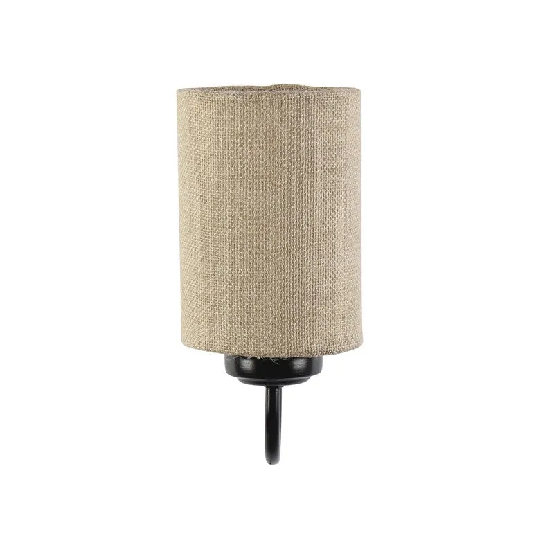 Studio view of beige cylindrical jute wall lamp with black iron base
