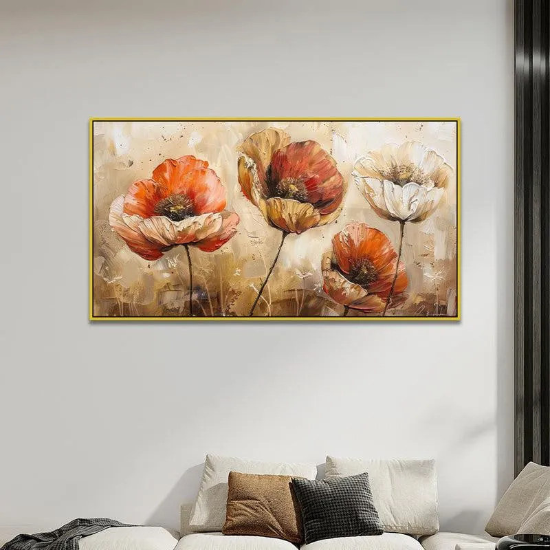 Poppies Of Autumn Floral Canvas Wall Painting With Frame - Gold media 5