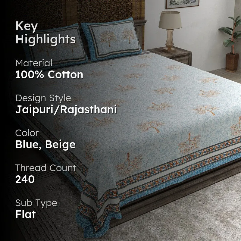Gridor Cotton Bedsheet (Blue,Beige) - 240 TC media 2