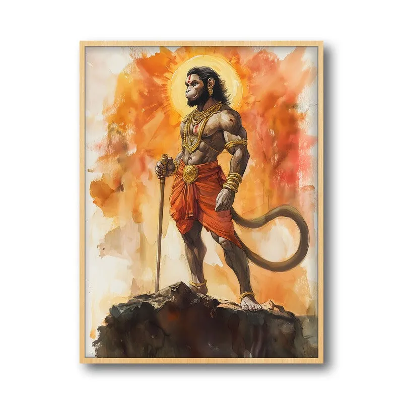 Anjaneya's Leap Spiritual Archival Paper Wall Painting - Natural Brown Frame media 5