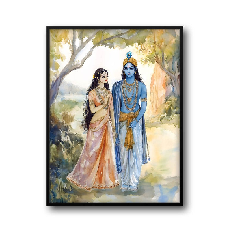 Radha Krishna Spiritual Archival Paper Wall Painting With Frame - Black media 5