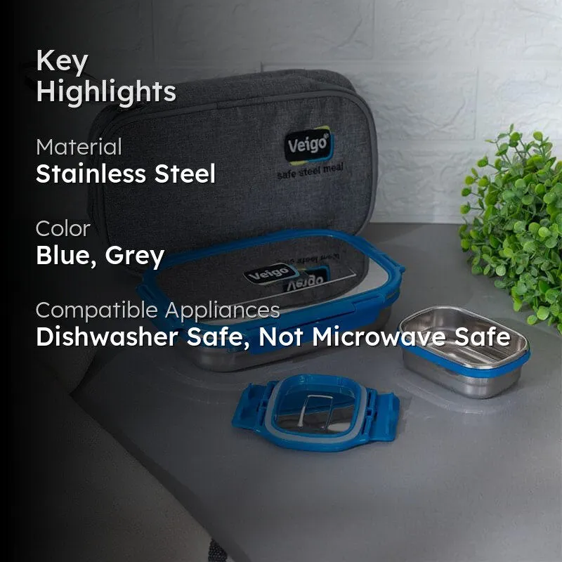 Delico Pack Light Blue Lunch Box With Insulated Pouch (775 mL /150 mL) - Three Piece Set media 2