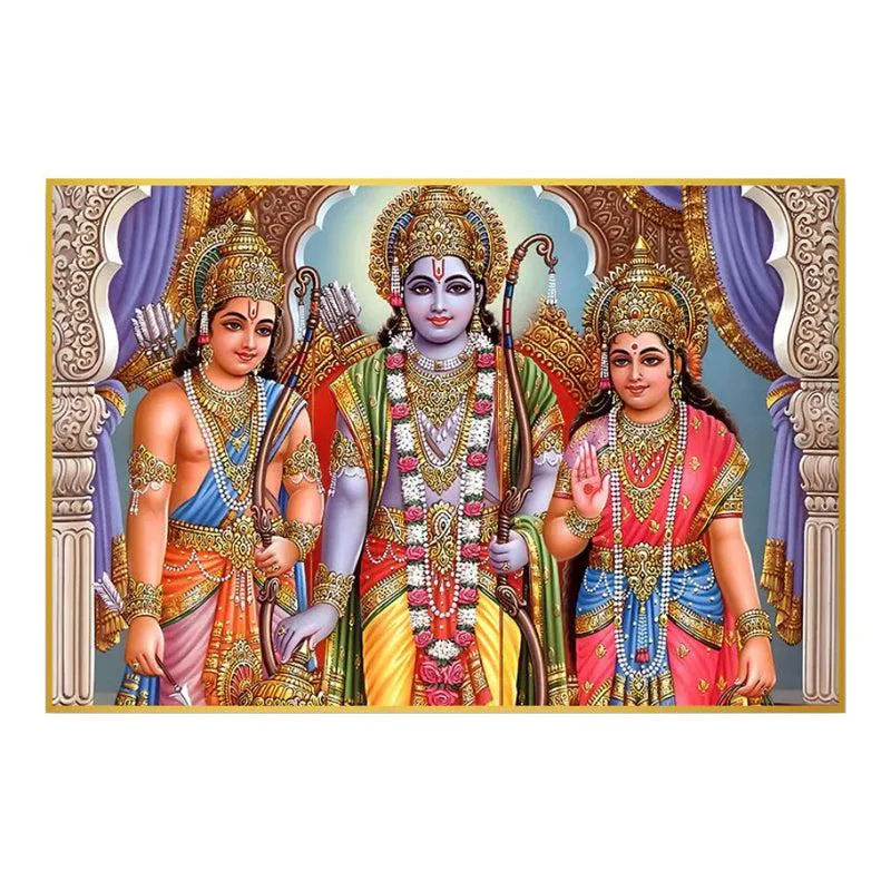 Sita Rama Lakshmana Spiritual Canvas Wall Painting With Frame - Gold media 3