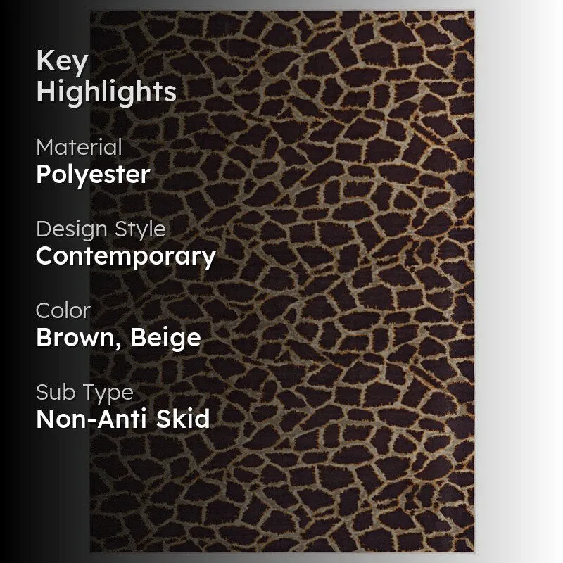 Rectangular brown and beige abstract carpet with key highlights overlay