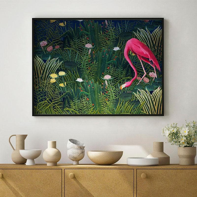 Flamingo & Flower Wall Painting - Black Frame