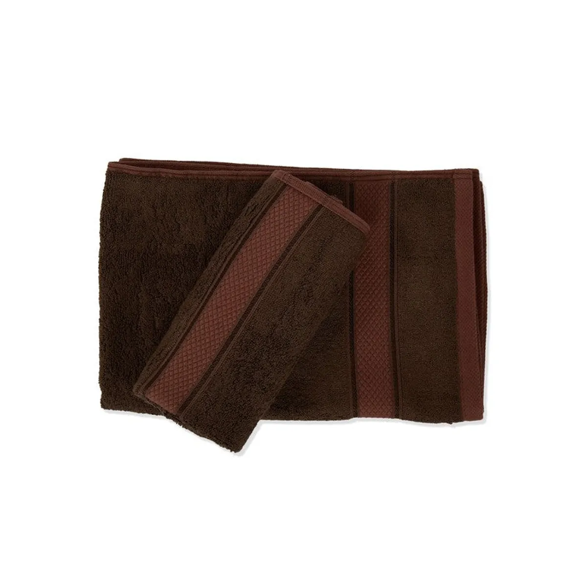 Brown hand towels displayed flat with contrasting border bands