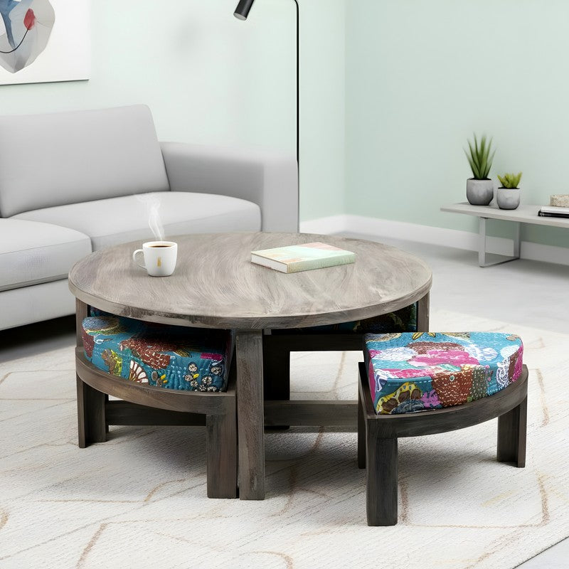 Jervon Sheesham Wooden Center Table with Stools and Cushions (Grey,Green) - Nine Piece Set