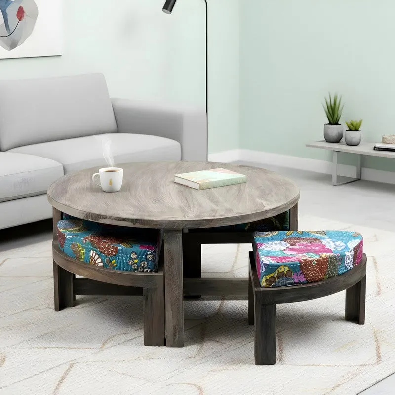 Jervon Sheesham Wooden Center Table with Stools and Cushions (Grey,Green) - Nine Piece Set media 1