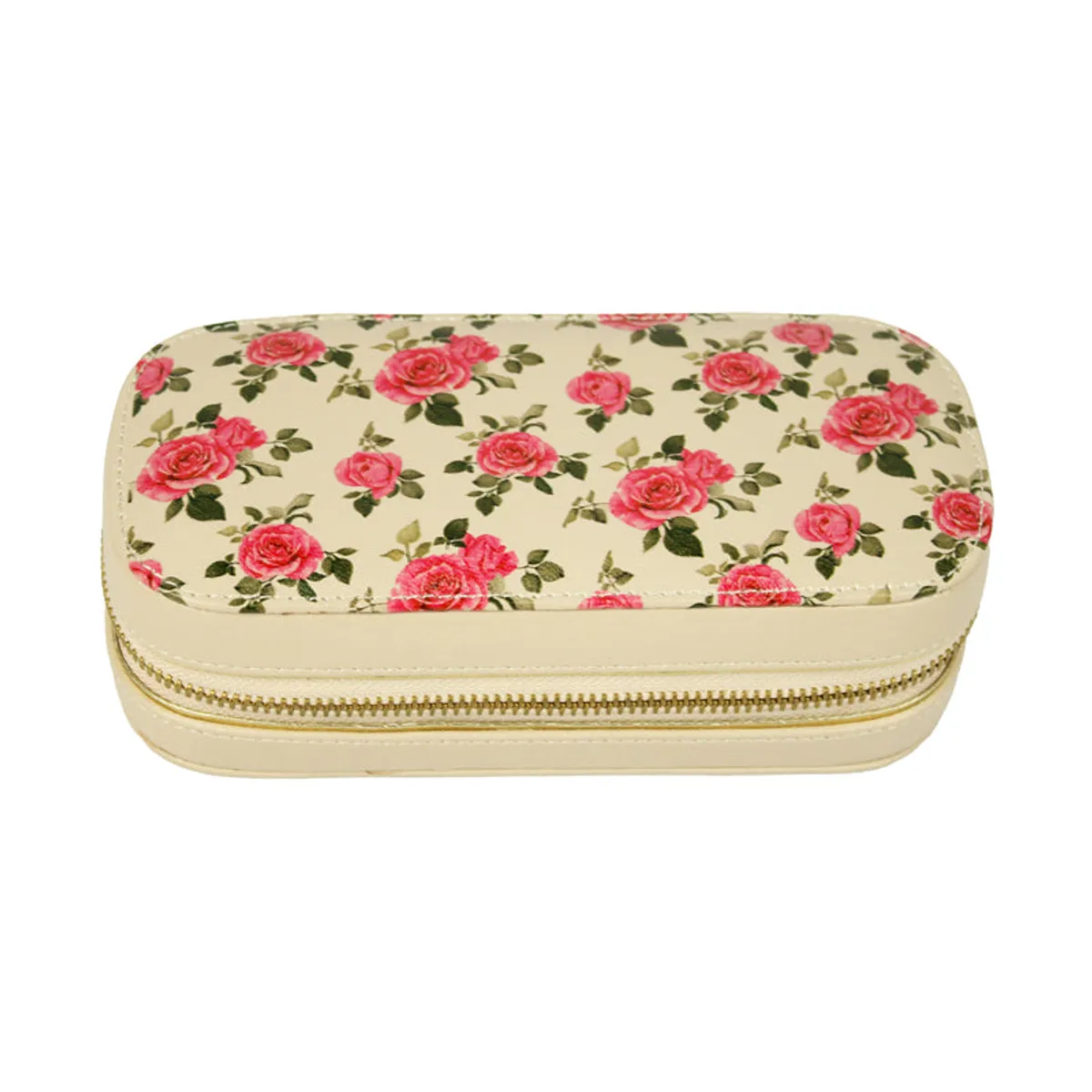 Closed ivory rectangular jewel box with an all-over pink rose print