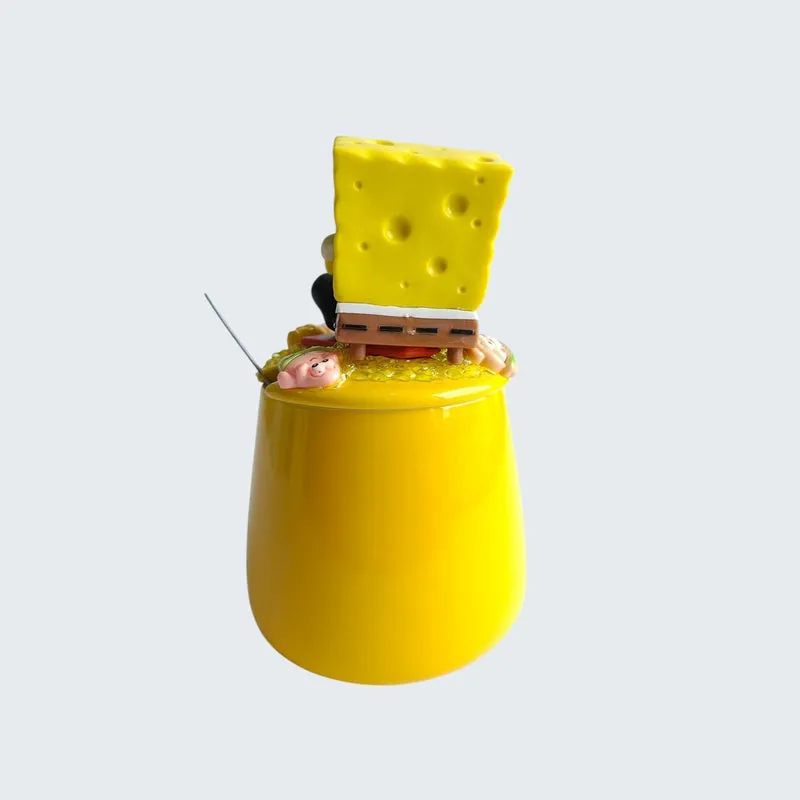 Back view of yellow mug with SpongeBob figurine lid