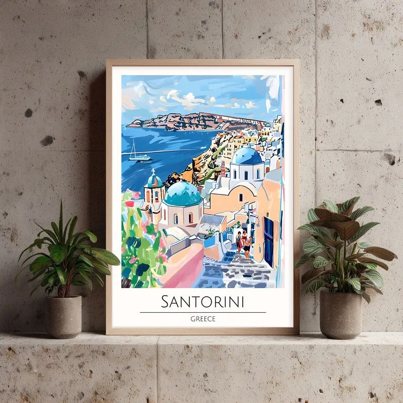 Vintage Santorini Framed Canvas Archival Canvas Wall Painting - Natural Brown Frame media 3