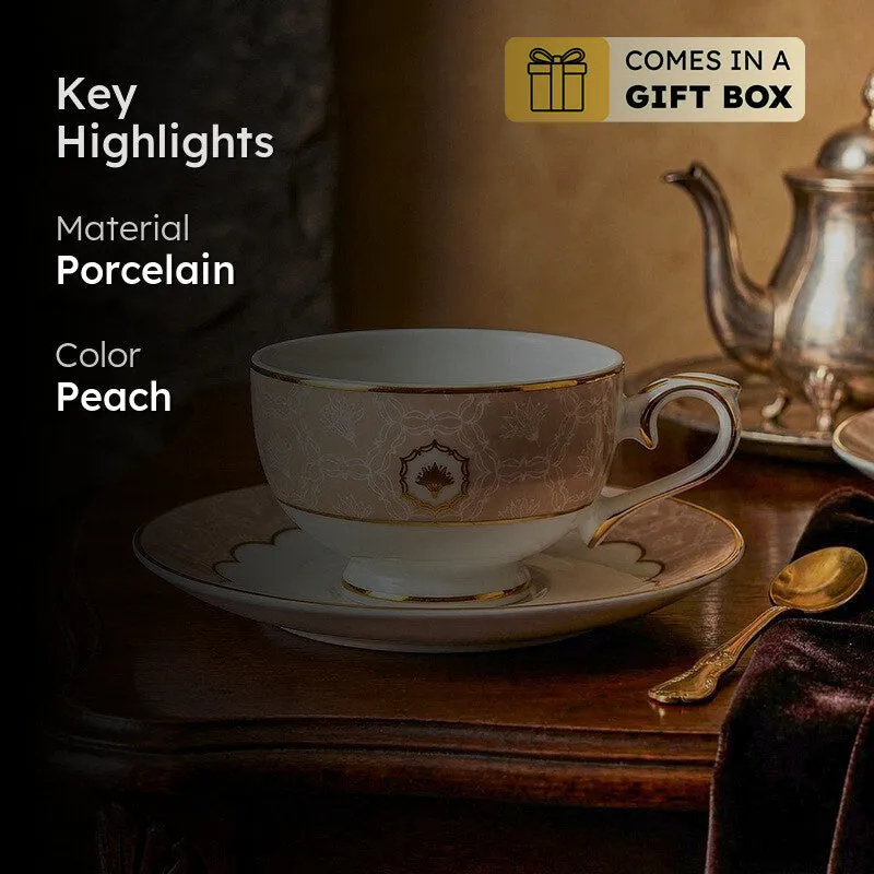 Gilded Legacy 24k Gold Brushed Porcelain Tea Cup & Saucer (Peach/ 280 mL) - Set of Six media 2