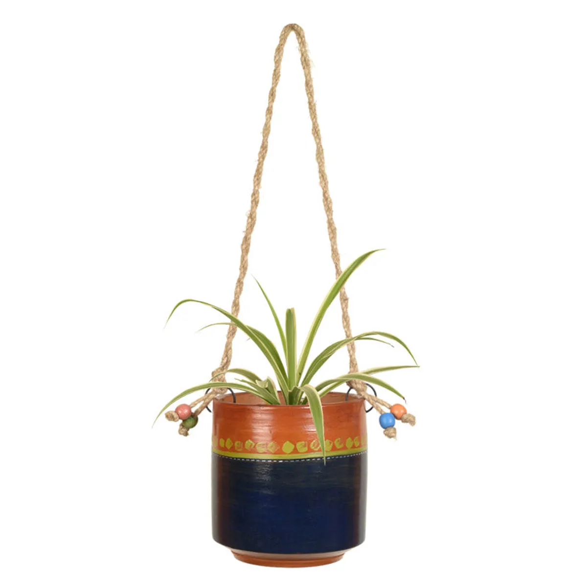 Front view of blue and brown hanging terracotta planter with rope hanger