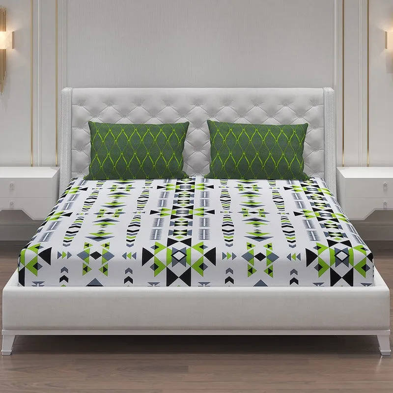 Monte Carlo Magique Angle Cotton Bedsheet (White,Green) - 104 TC media 3