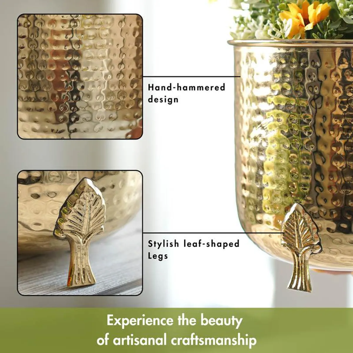 Close-up of hammered gold metal planter and leaf-shaped leg detail