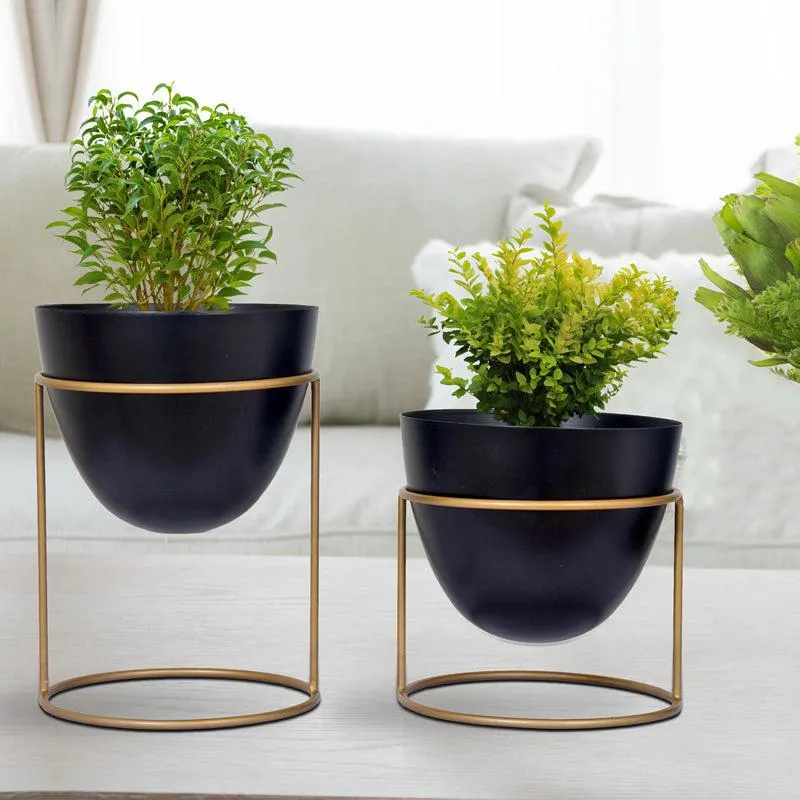 Trudene Metal Pot With Stand (Black & Gold) - Set Of Two media 3