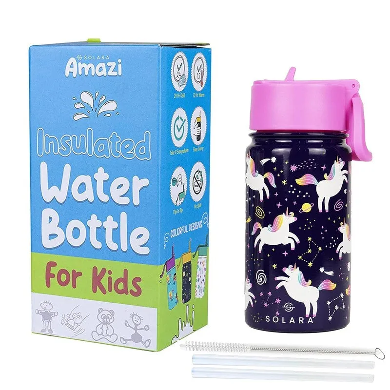 Kids insulated bottle beside branded packaging with two clear straws and a cleaning brush