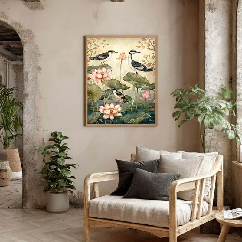 Lotus Pond Canvas Wall Painting With Brown Frame media 9