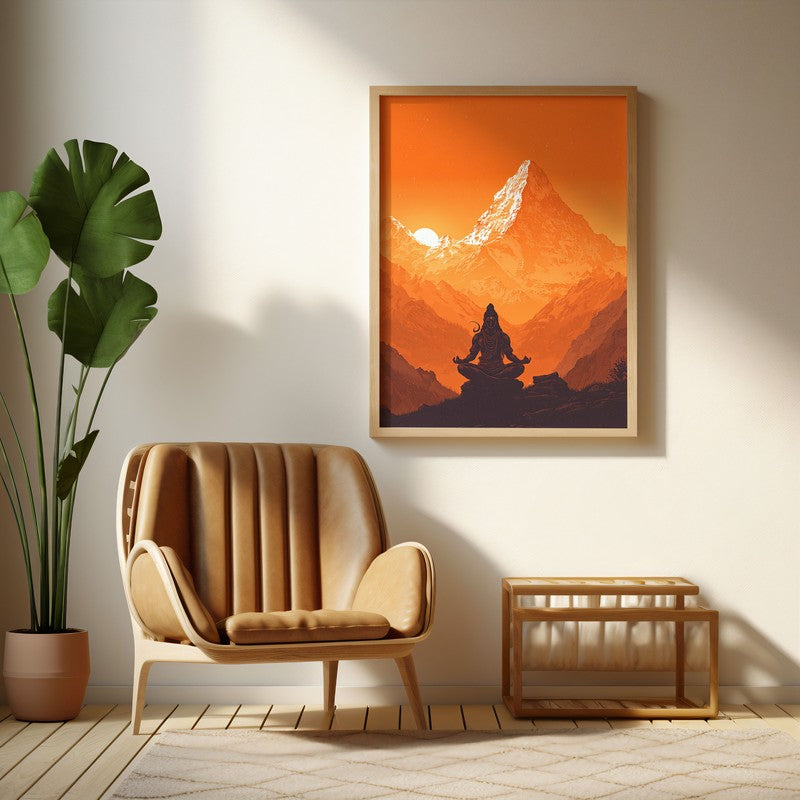 Mahadev Meditating Blissful II Wall art - Natural Brown Frame
