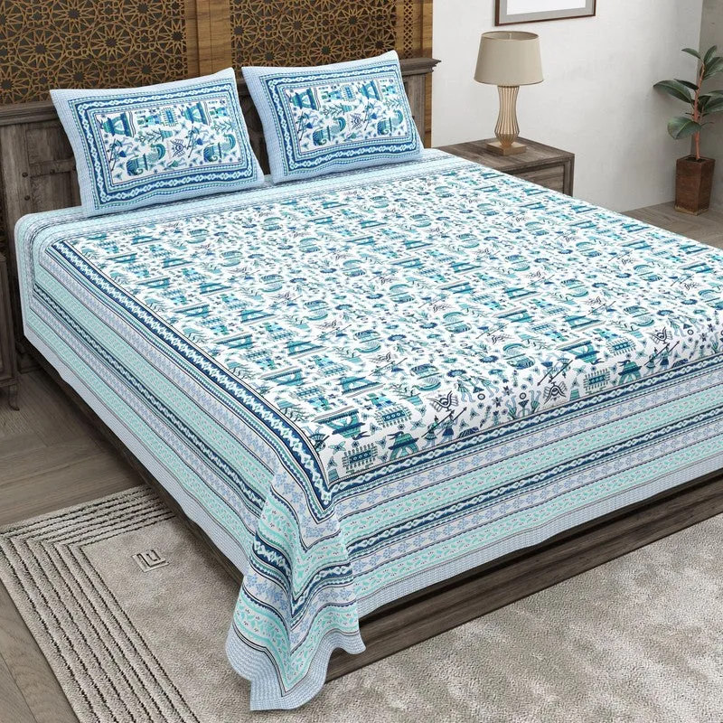 Royalus Cotton Bedsheet (Blue,White) - 240 TC media 1