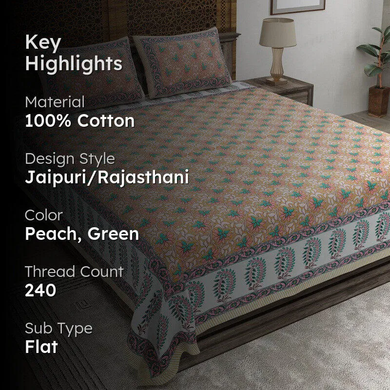 Auraus Cotton Bedsheet (Peach,Green) - 240 TC media 2