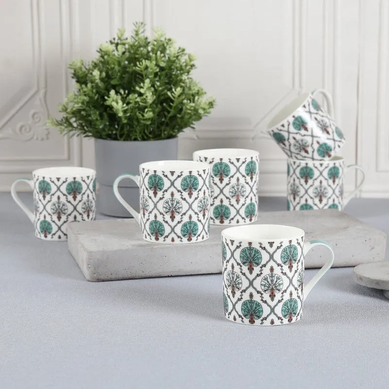 India Circus Bone China Tea Cup (220 mL Each),White,Green) - Set Of Six media 1