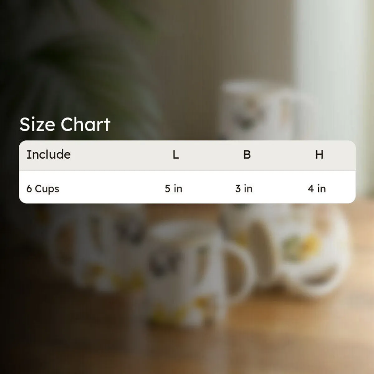 Blurred tea cup background with a size chart overlay