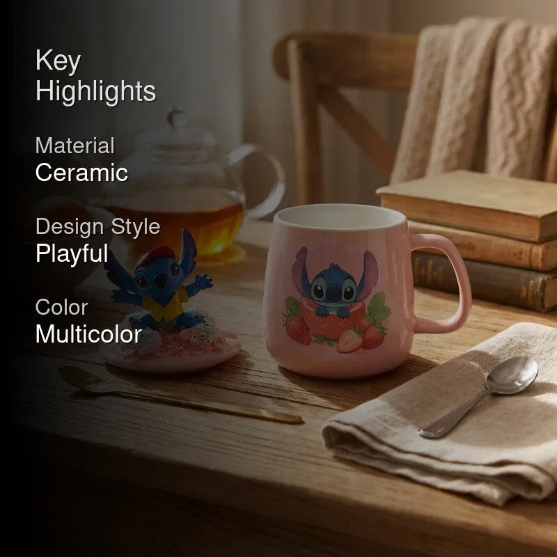 Styled product highlight image showing pink Stitch mug with figurine lid on a wooden table