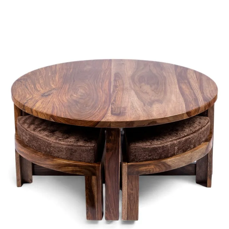 Iveron Sheesham Wooden Center Table with Stools and Cushions (Brown) - Nine Piece Set media 3
