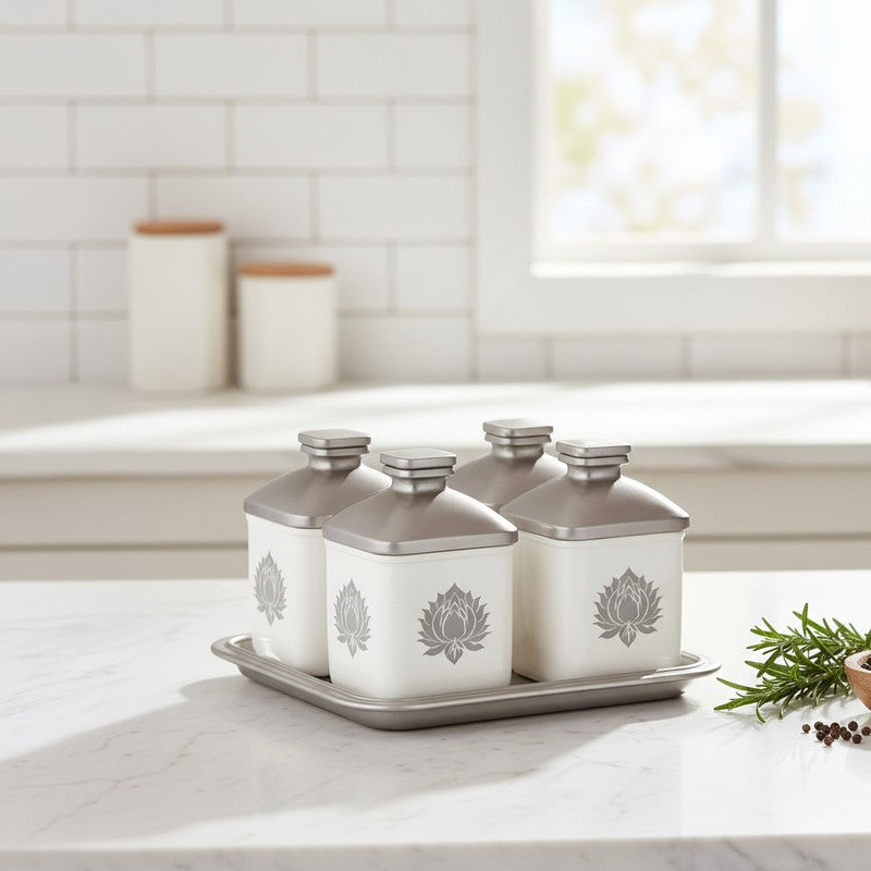 Spice Aura Air Tight Condiment Jars (Silver /500 mL Each) - Five Piece Set