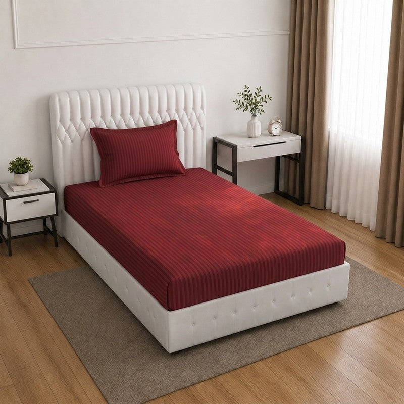 StripeScape Glace Cotton Fitted Bedsheet (Maroon) - 130 GSM - Single Fitted