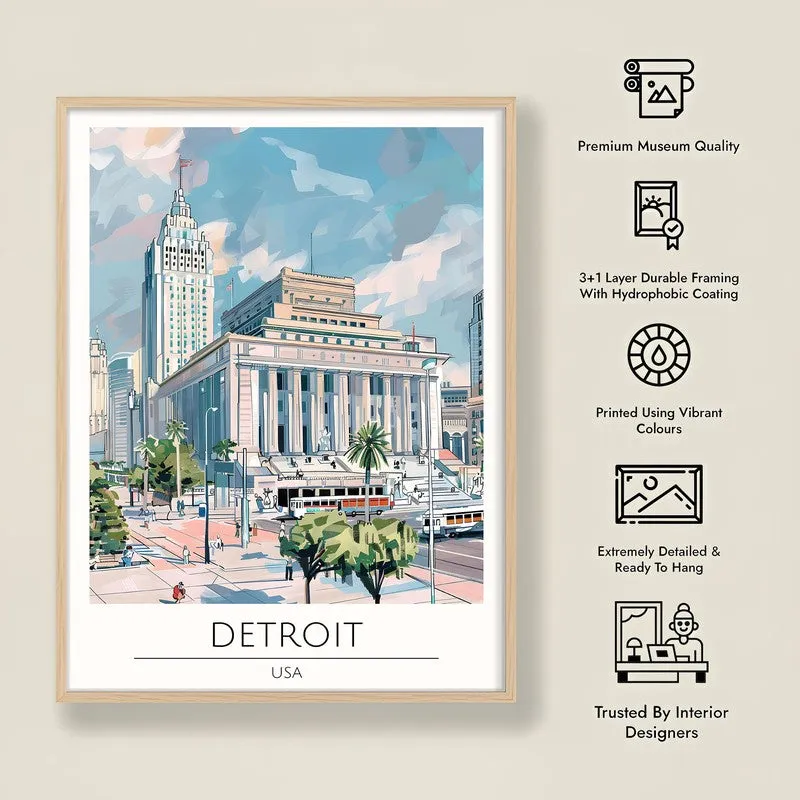 Vintage Detroit Framed Canvas Archival Canvas Wall Painting - Natural Brown Frame media 8