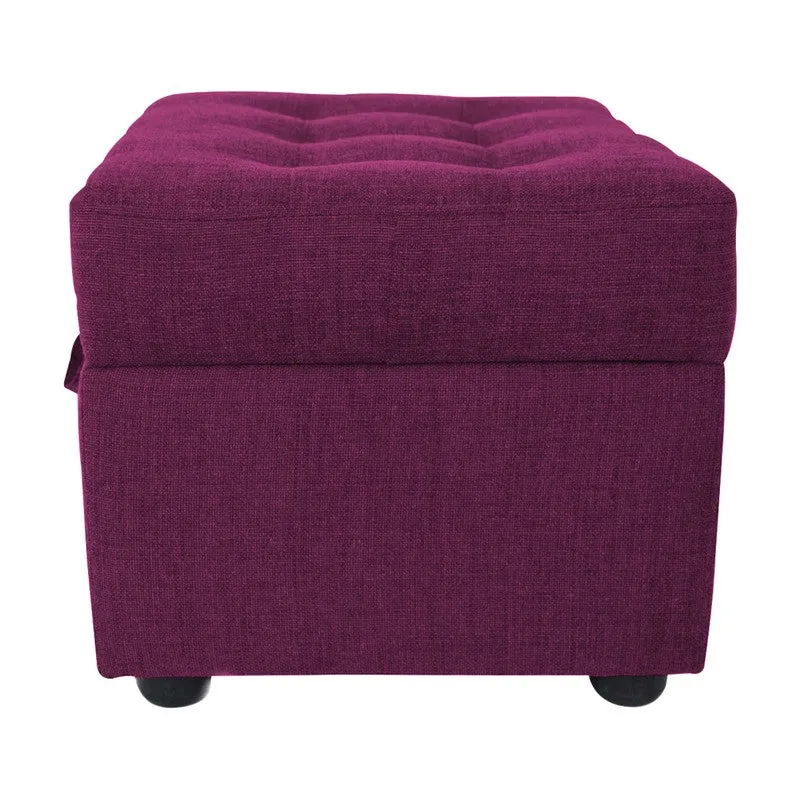 Side view of purple upholstered ottoman