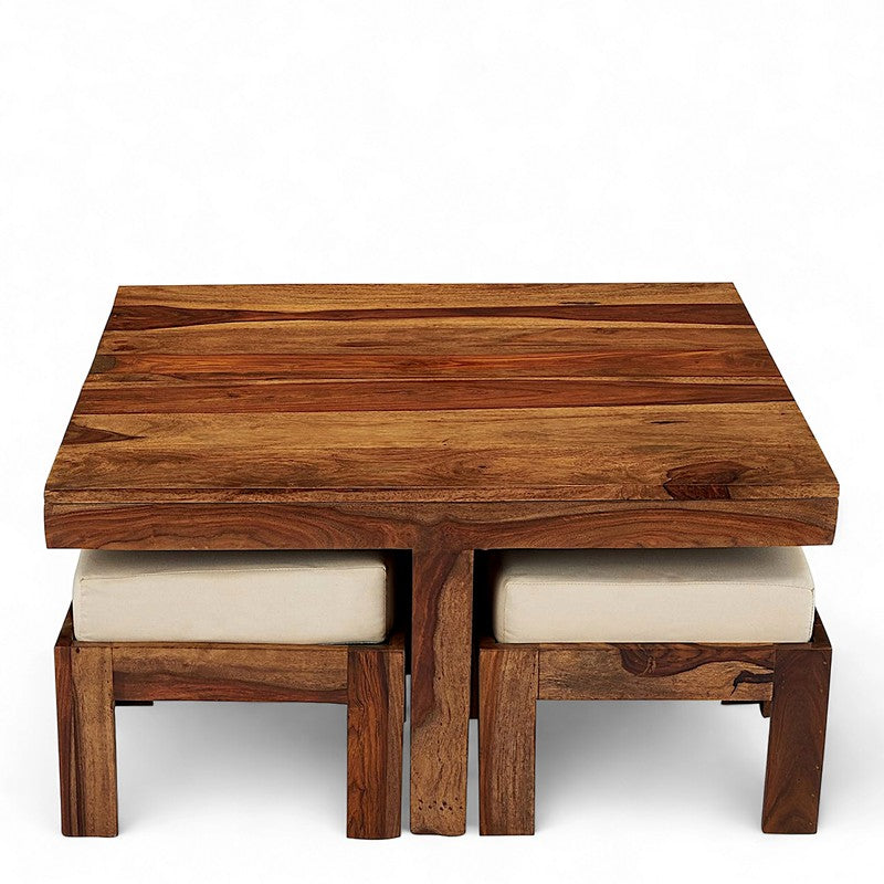 Evrino Sheesham Wooden Center Table with Stools and Cushions (Brown,White) - Nine Piece Set media 7