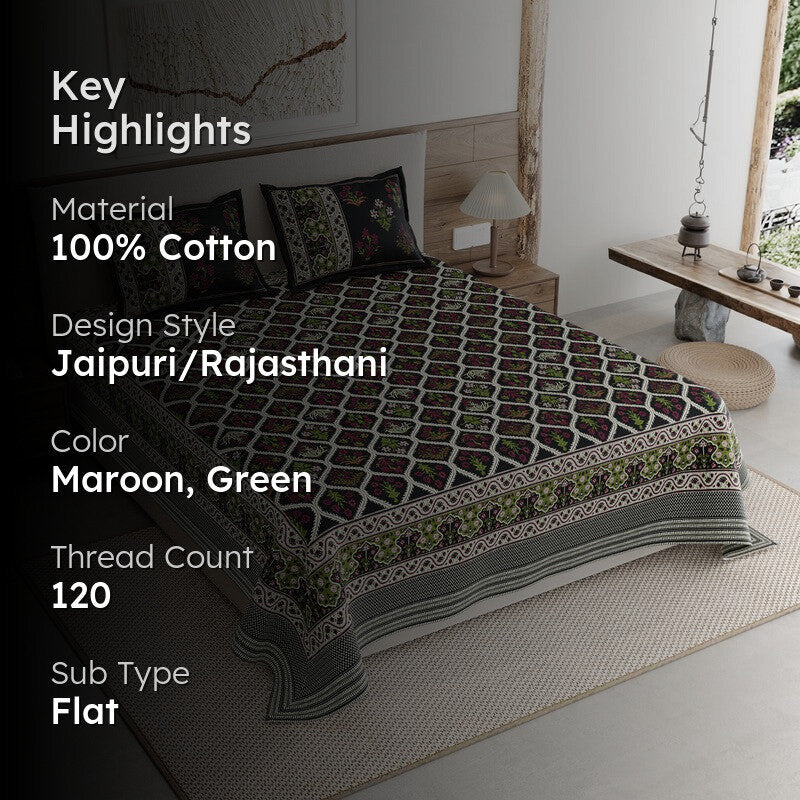 Desert Bloom Cotton Bedsheet (Maroon,Green) - 120 TC media 2