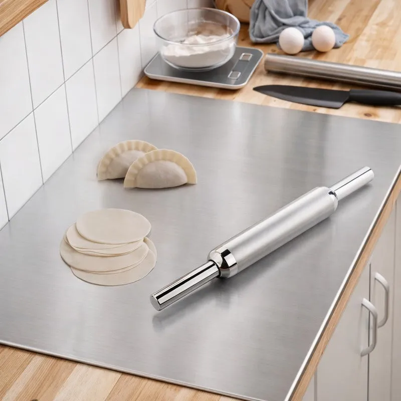 Close view of a steel rolling pin and board with dough rounds on a counter