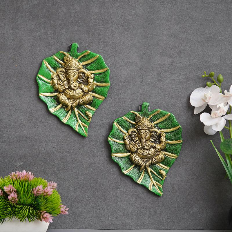 Ganapati On Green Leaf Religious Metal Wall Accent - Set of Two